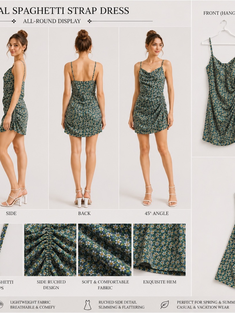 Ruched Green Floral Cowl Midi Dress